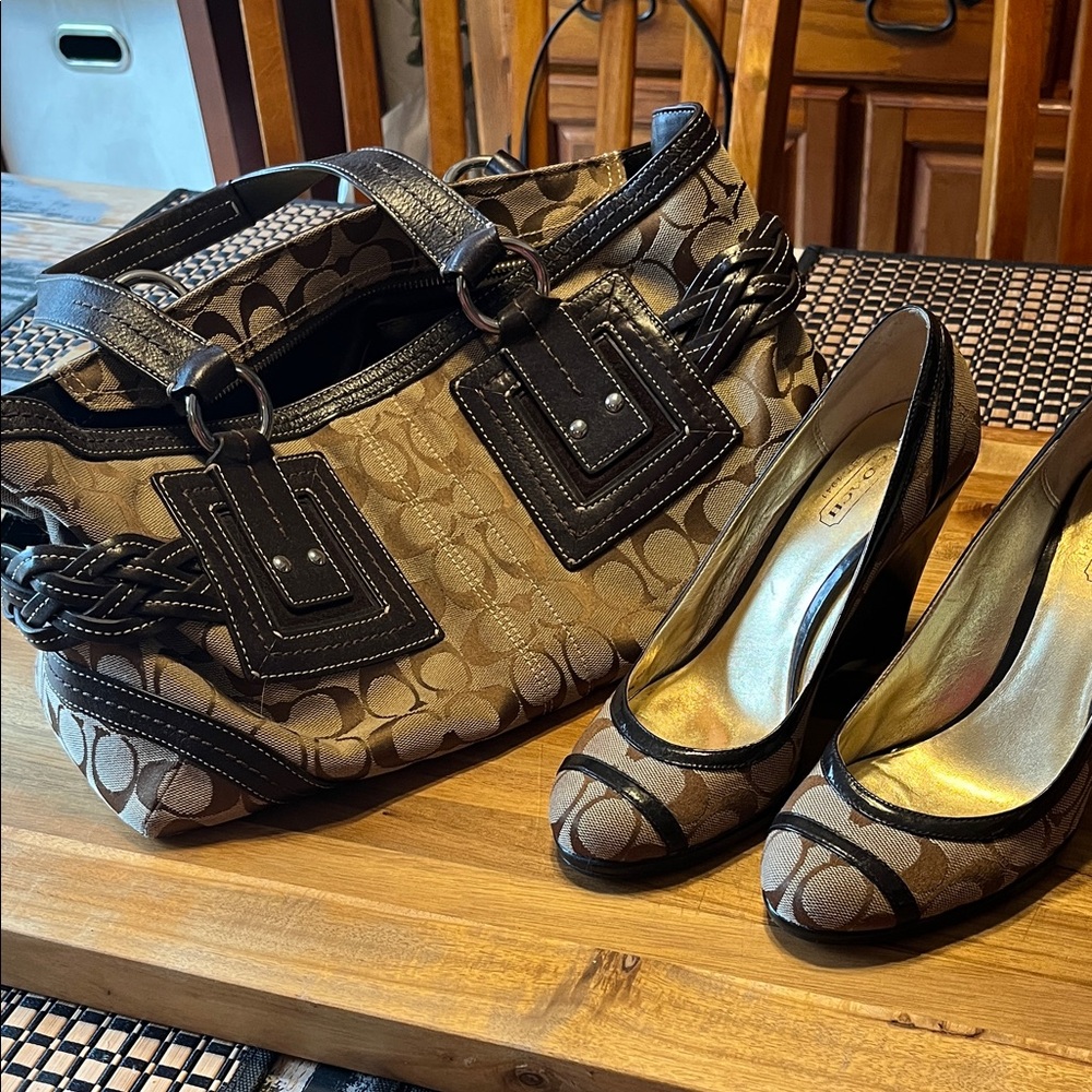 Coach Tan and Black Signature Handbag and Heels